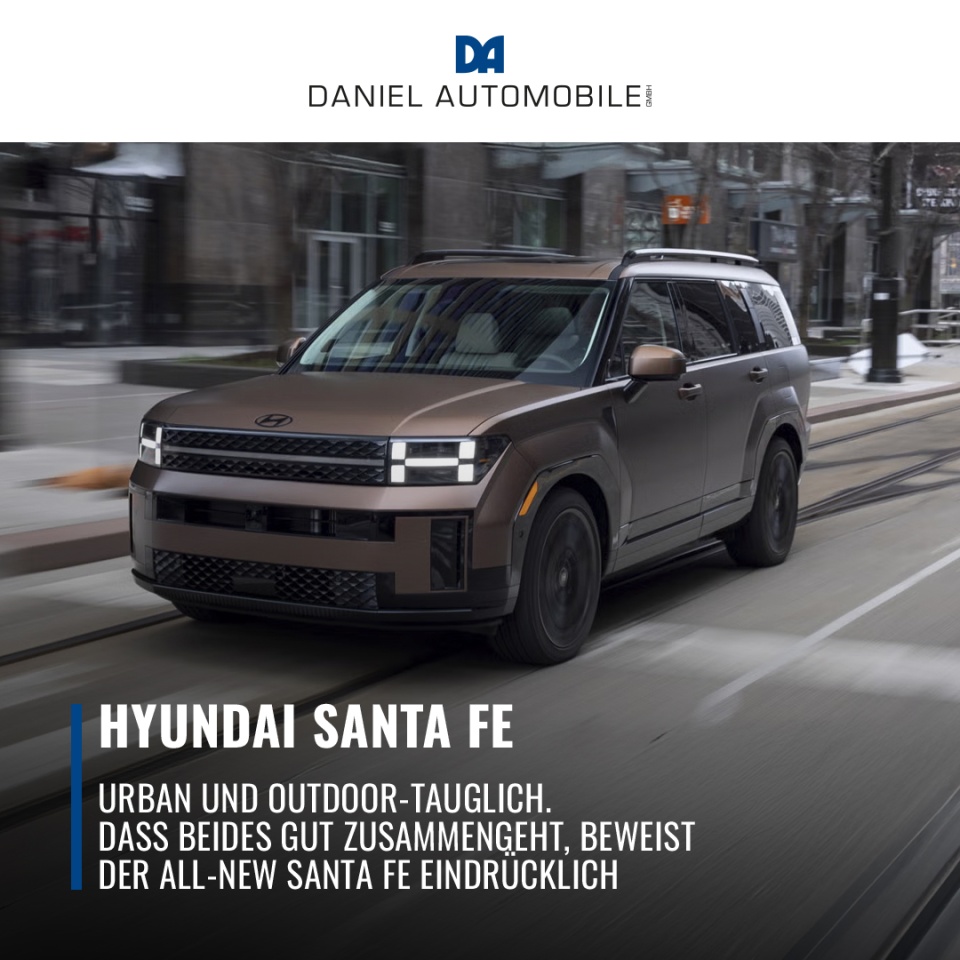 Entdecken Sie den neuen Hyundai All-New Santa Fe – Ihr Begleiter für jedes Abenteuer!  - Der All-New Santa Fe vereint urbanen Stil mit Outdoor-Qualitäten auf beeindruckende Weise. Dank seines grosszügigen Raumangebots ist er der perfekte Partner für individuelle Entdeckungstouren und unvergessliche Familienausflüge in die Natur.